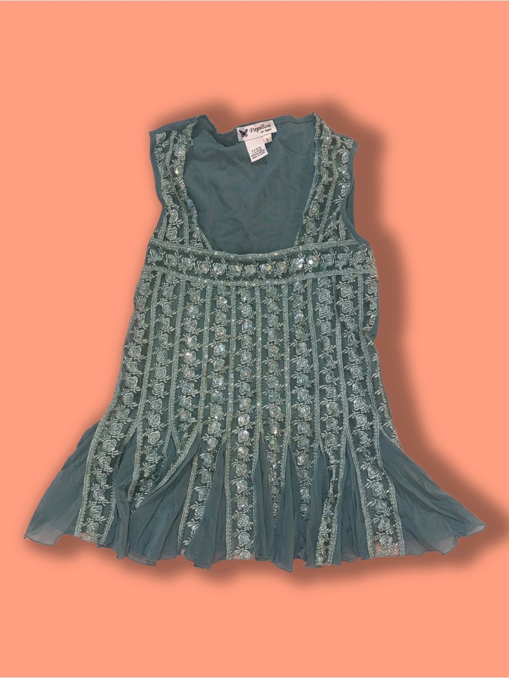 Papillon Blanc Teal Green Embroidered Layered Tank